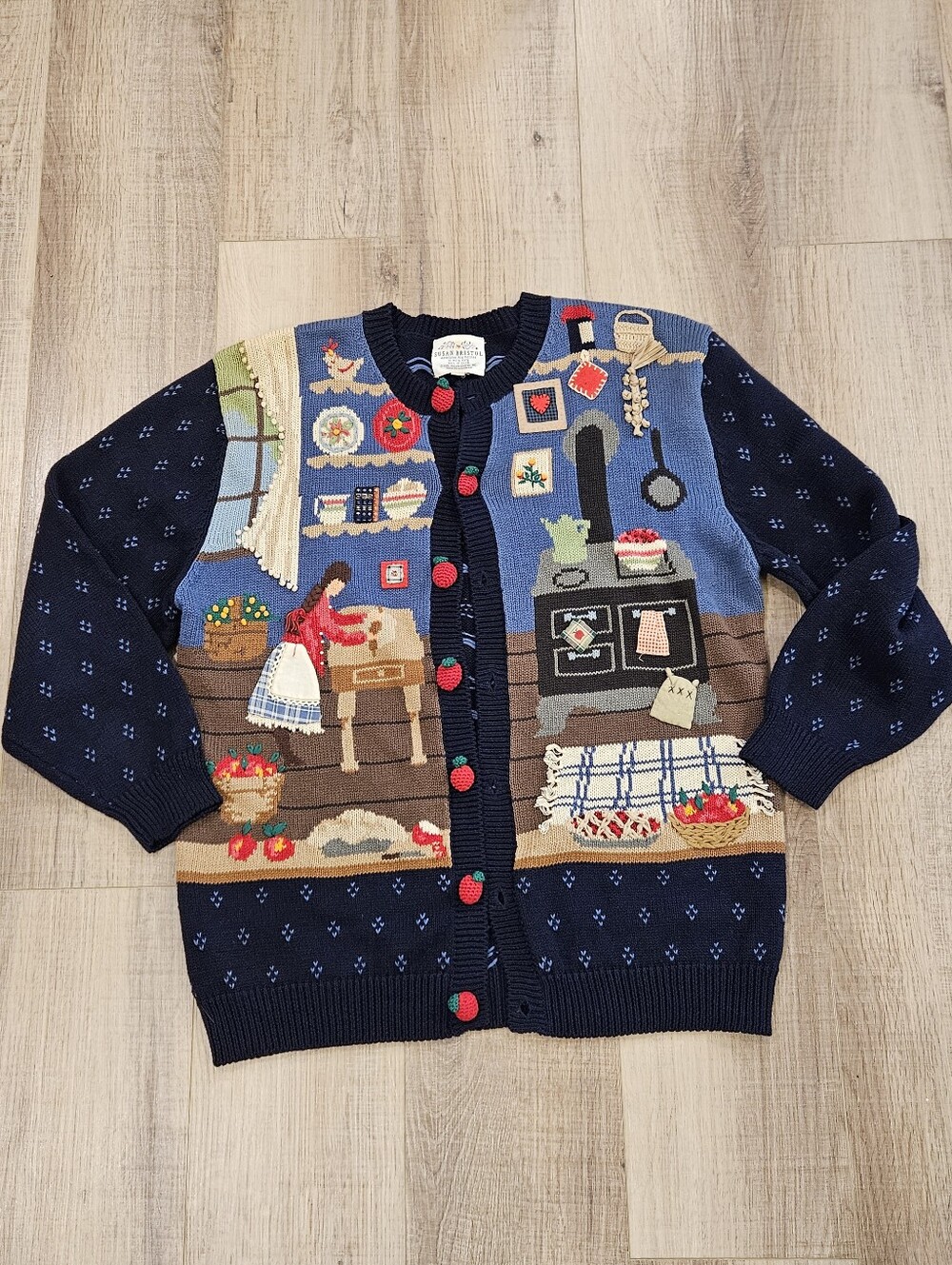 VTG 1995 Susan Bristol Cardigan Sweater Medium Folk Art Kitchen Art To Wear